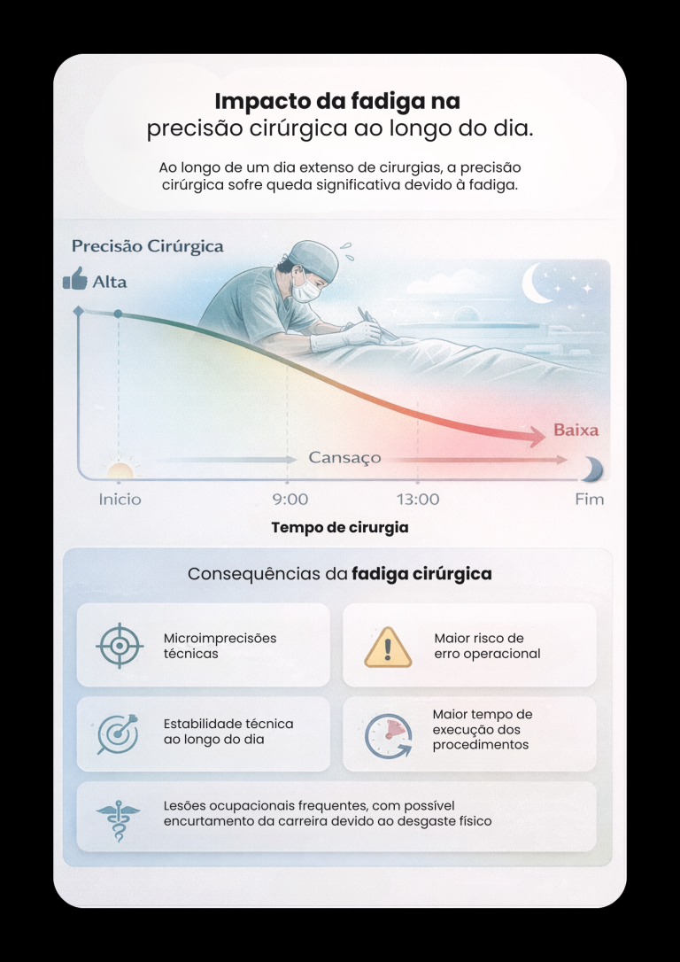 Gráfico mostrando a queda progressiva da precisão cirúrgica ao longo do dia devido à fadiga, com curva descendente do início ao fim do expediente e destaque para microimprecisões técnicas, aumento do risco operacional e desgaste físico do cirurgião.