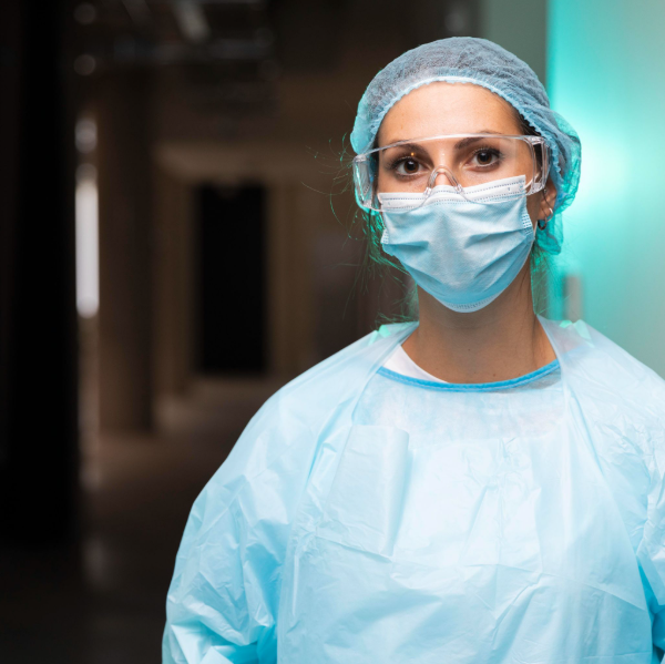 Profissional da área da saúde utilizando equipamentos de proteção em ambiente cirúrgico, representando segurança, tecnologia e alta performance na cirurgia plástica.